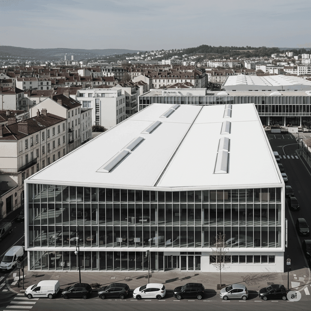 Immeuble tertiaire en ville avec toiture blanche traitée en cool roofing pour réduire la chaleur estivale
